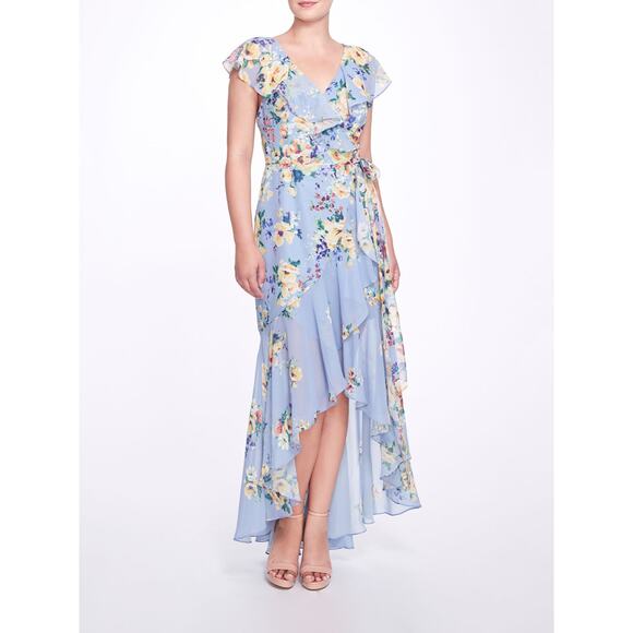 Marchesa Notte Vittoria Hi-Low Gown Blue Floral Wrap Dress V-Neck‎ Sz 6 - Picture 1 of 11